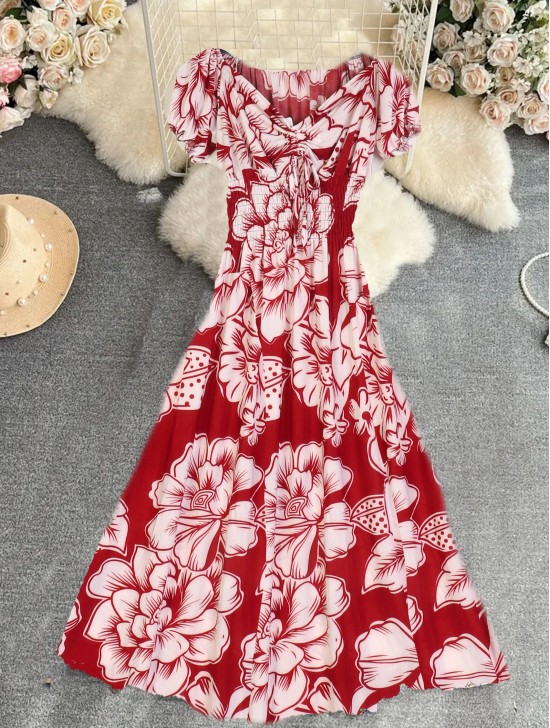 Floral V -Neck Short Sleeved Summer Dress